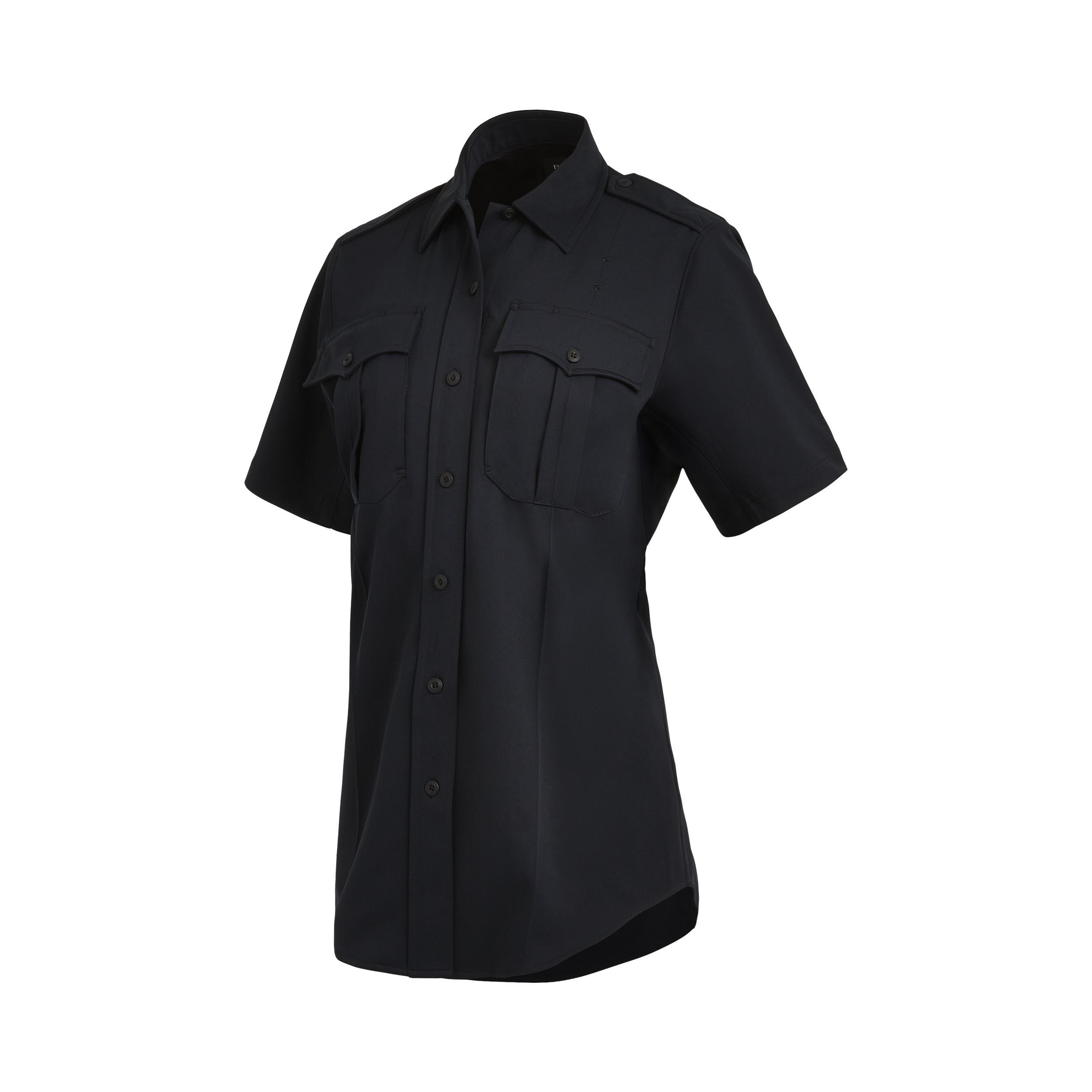Product shot of a dark navy blue short-sleeved women's uniform shirt featuring two buttoned chest pockets and a collared neckline with subtle stitching details