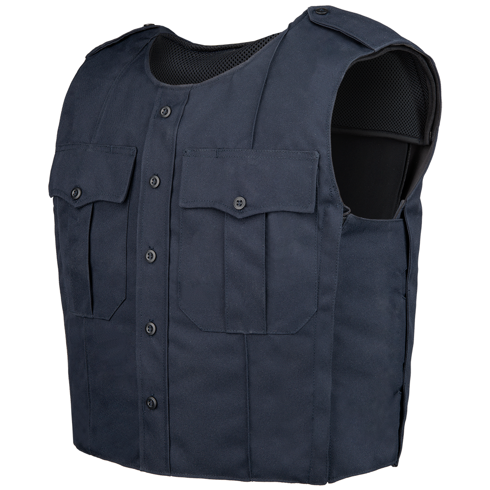 Product shot of a dark navy blue ballistic vest featuring multiple pockets, a button-front closure, and breathable mesh inserts