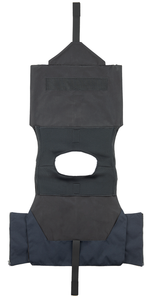 Product shot of a dark gray and black tactical vest featuring a breathable mesh back panel, adjustable straps and Velcro closures