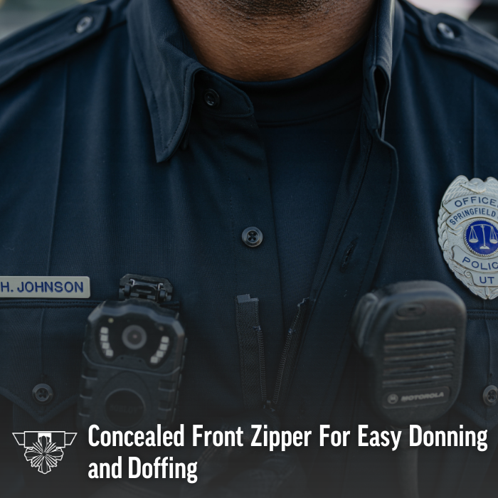 Photograph of a police officer's uniform featuring a body camera, Motorola radio, Springfield Police Department badge, and a name tag displaying H Johnson, showing a concealed front zipper and dark buttons