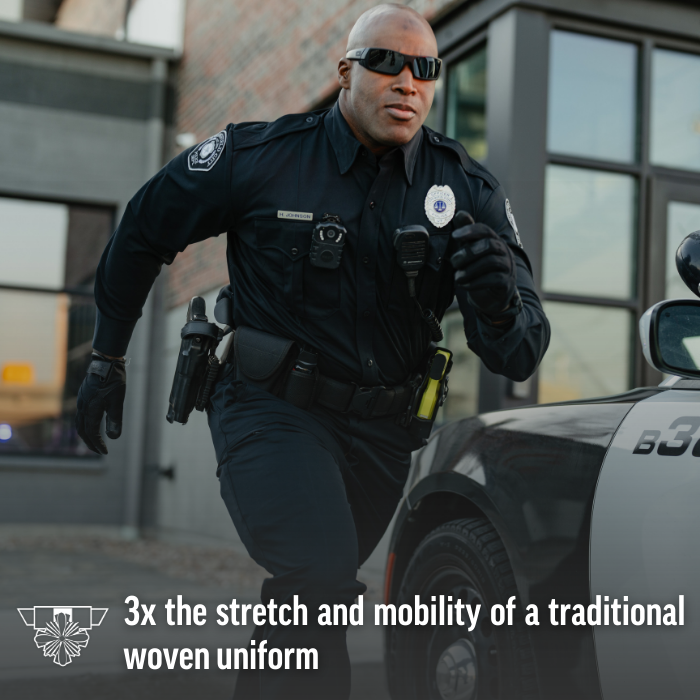 Photograph Police officer running near a police car in an urban setting with a body camera, yellow utility tool, and dark gloves