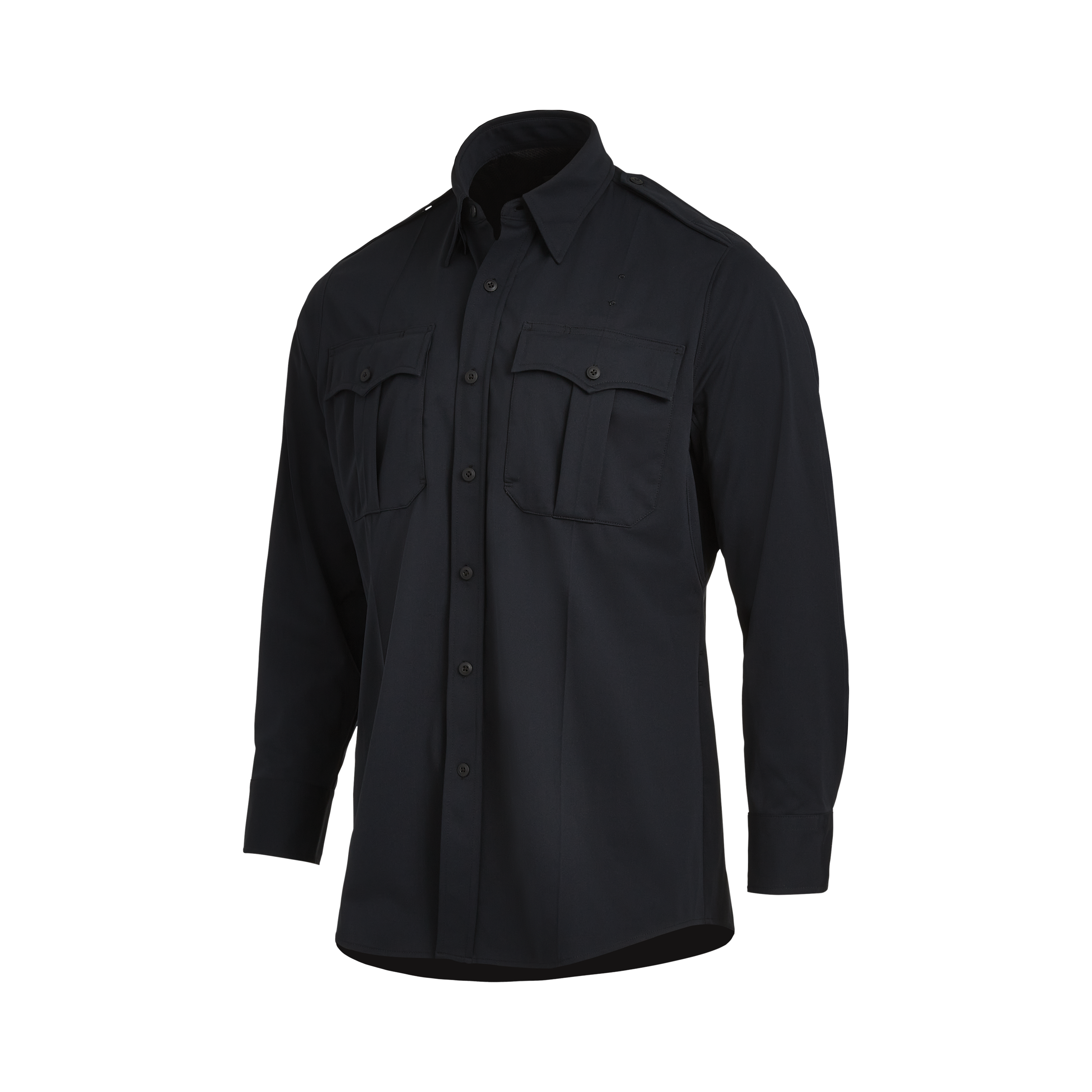 Product shot of a dark navy blue long sleeve uniform shirt featuring button-down front, two buttoned flap pockets, and subtle stitching details