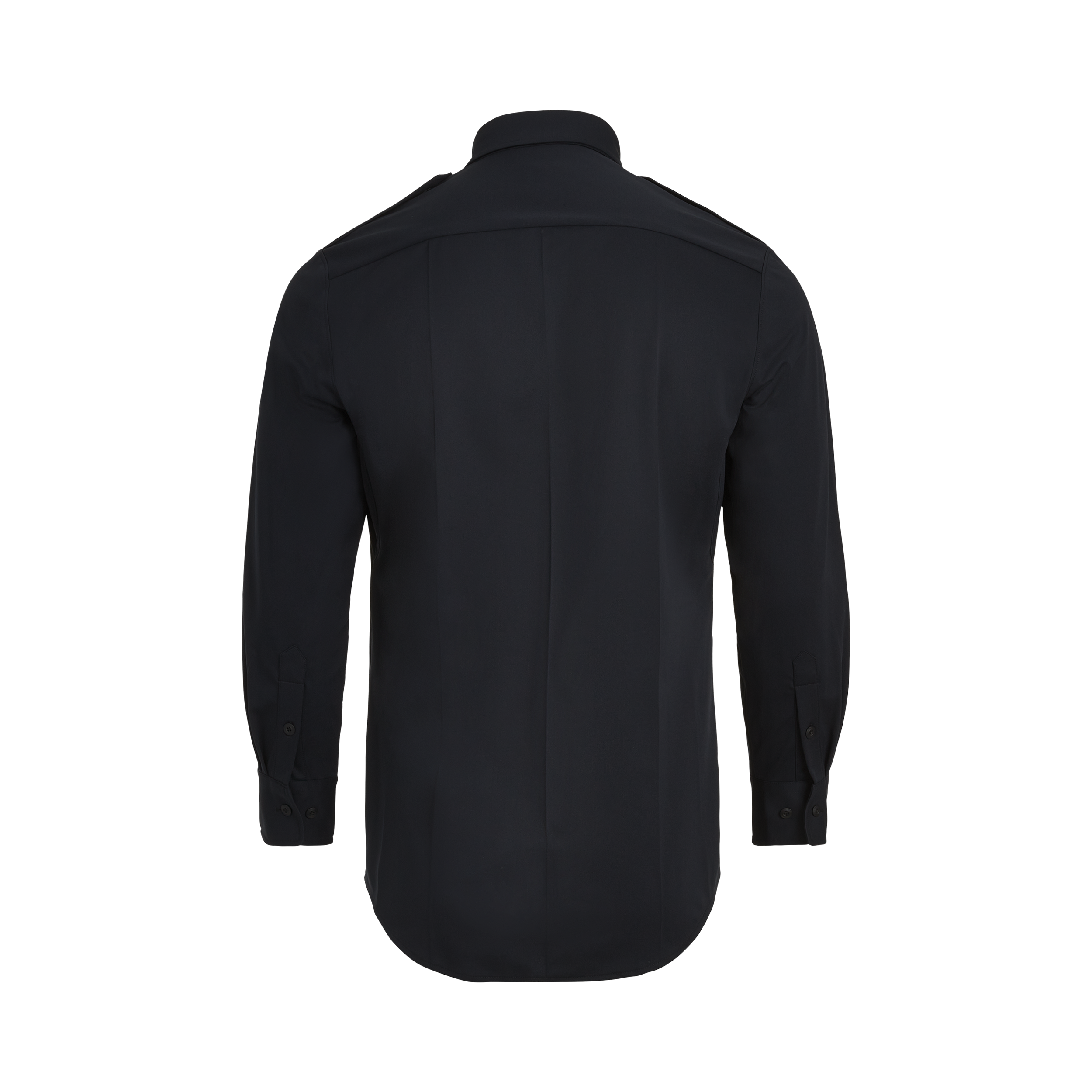 Product shot of a dark navy long-sleeved men's dress shirt featuring a classic collar, buttoned cuffs and a subtly curved hemline