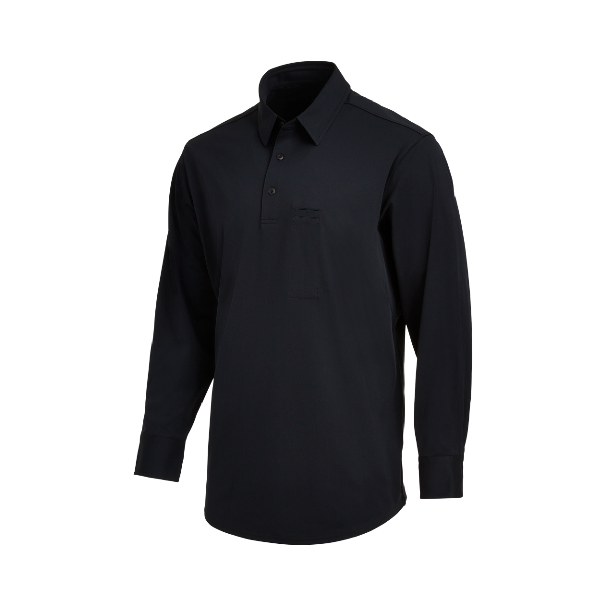 Product shot of a dark navy blue long-sleeved polo shirt featuring a three-button placket and a chest pocket showing subtle texture and a tailored fit