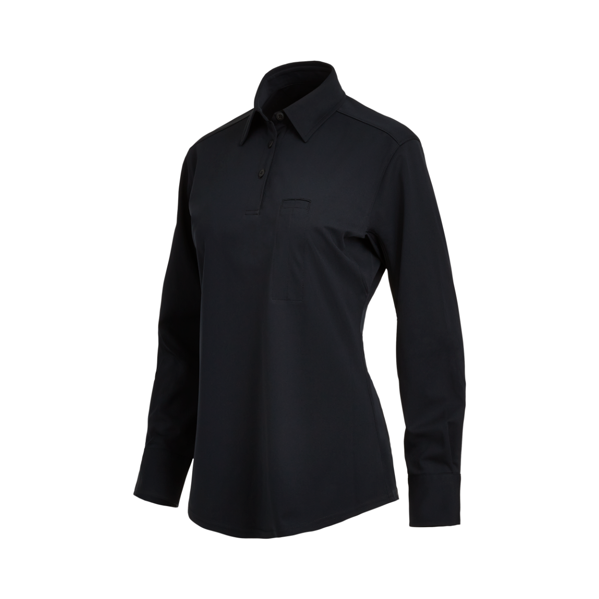 Product shot of a dark charcoal women's long sleeve polo shirt featuring a classic collar, three button placket and a chest pocket showcasing its sleek design and comfortable fit