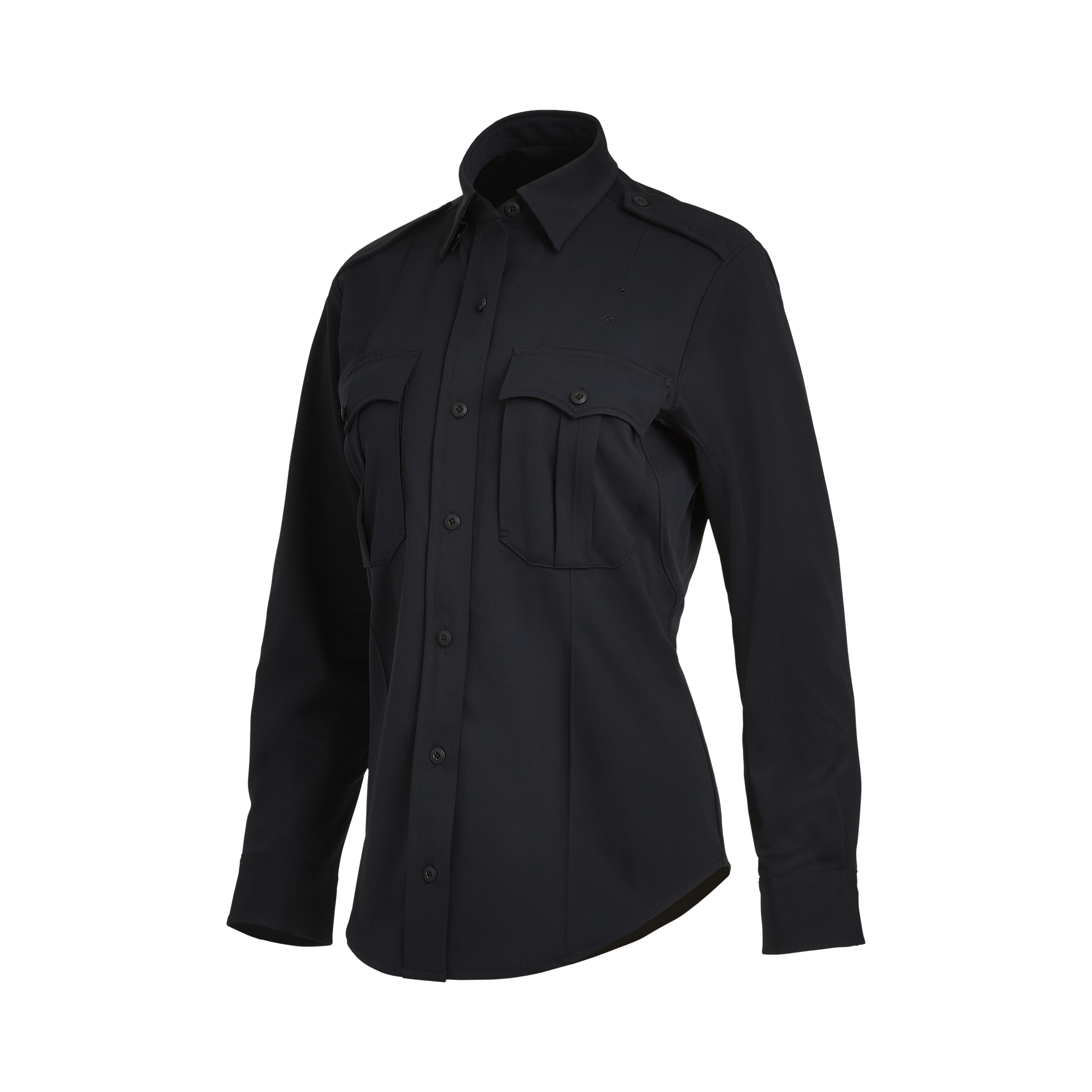 Product shot of a dark navy blue women's long sleeve uniform shirt featuring a collared neckline, button front closure, and two chest pockets with button flaps