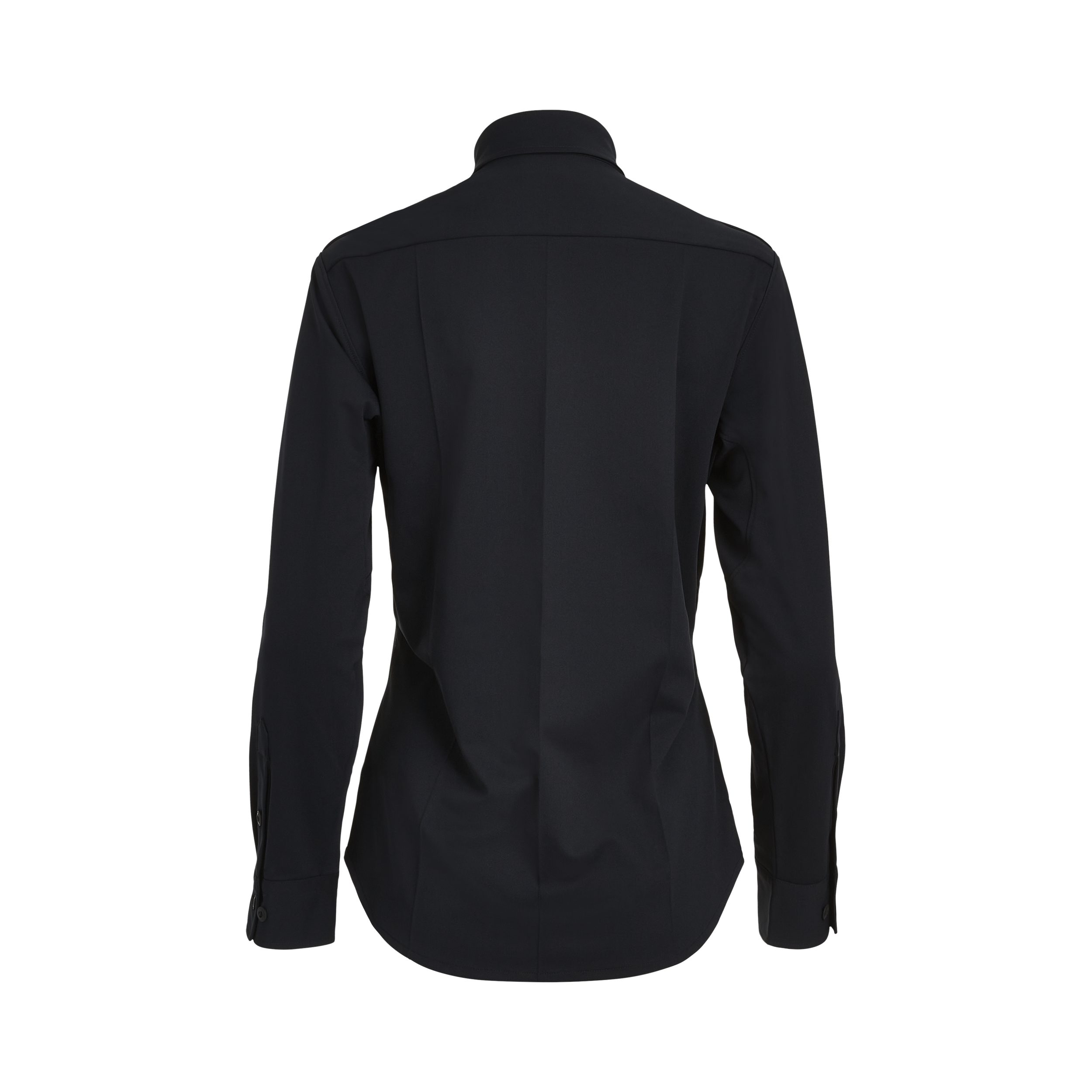 Product shot of a dark-colored women's long-sleeved shirt showcasing the back detail with subtle button closures and a sleek, form-fitting design.