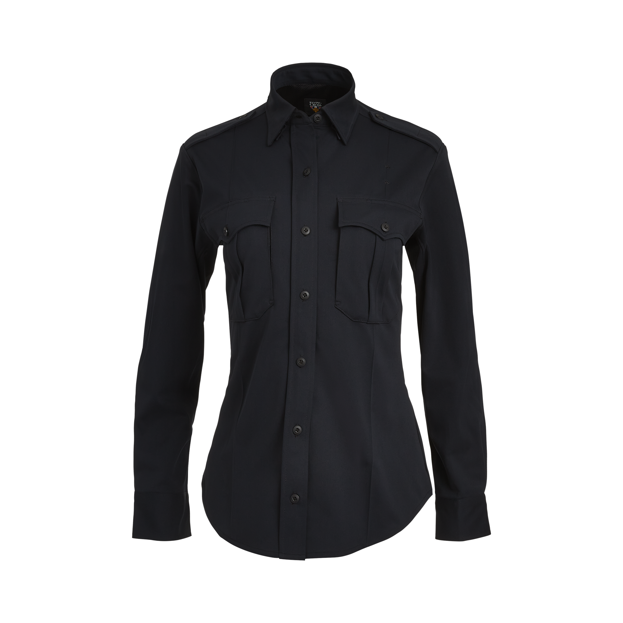Product shot of a dark navy blue Flying Cross women's long sleeve shirt featuring two chest pockets, a button-down collar, and a breathable mesh back panel
