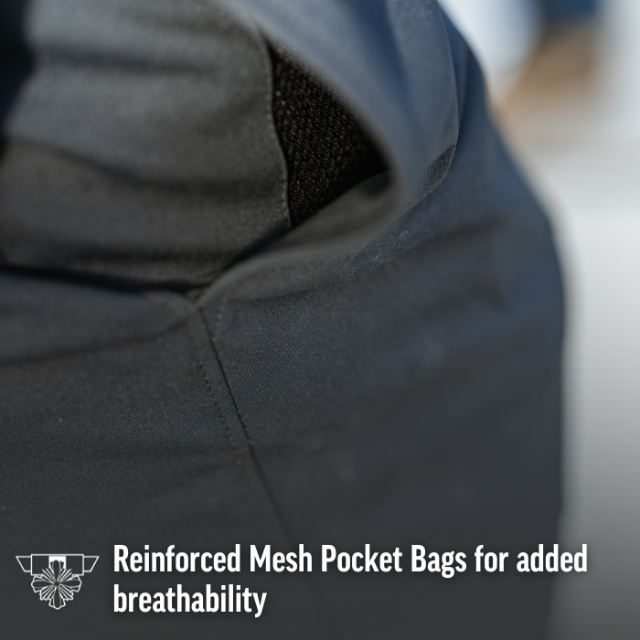 Close-up photograph showing dark gray fabric with reinforced mesh pocket bags for breathability featuring detailed stitching and textured mesh