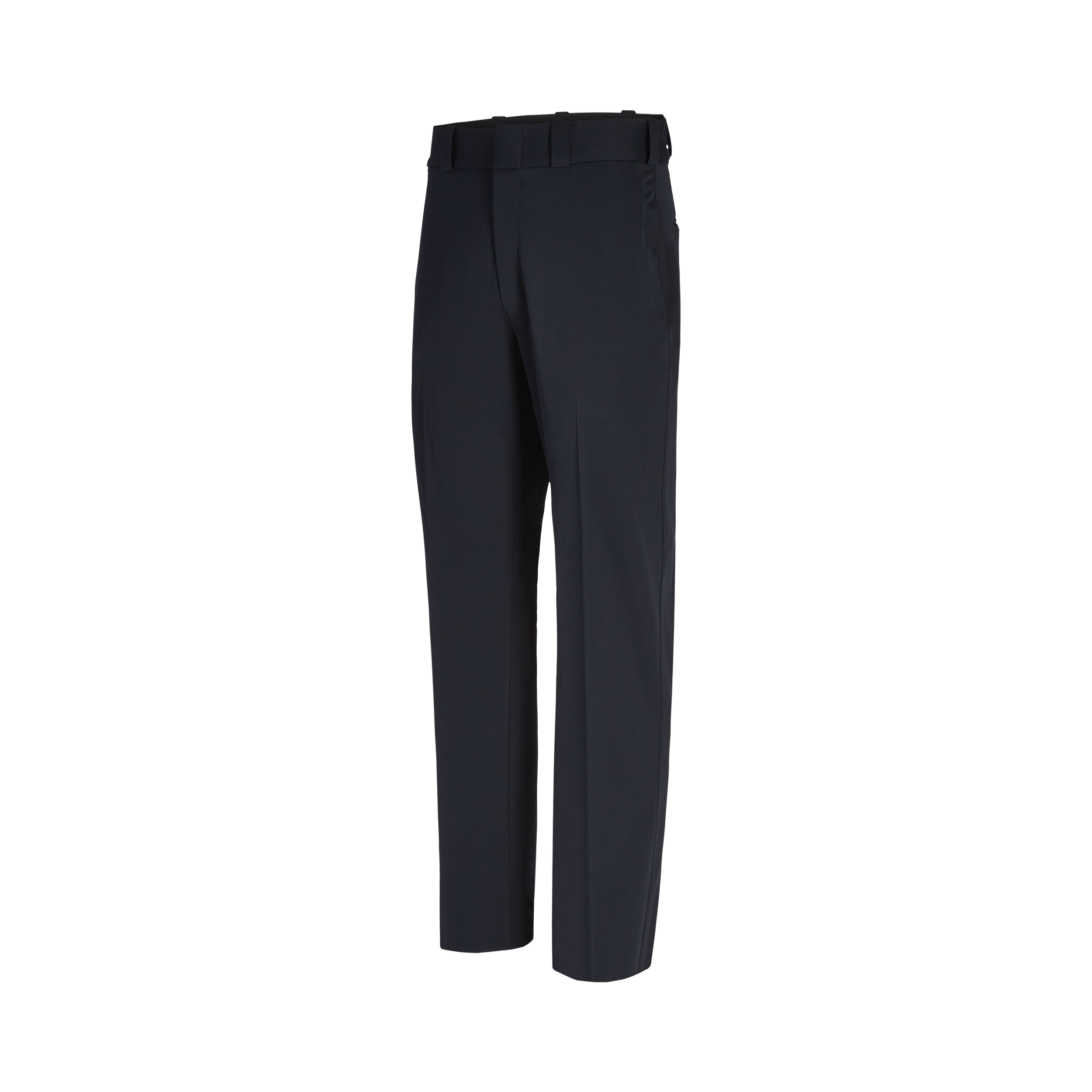 Product shot of dark navy trousers showing a flat front a belt loop detail and subtle creasing