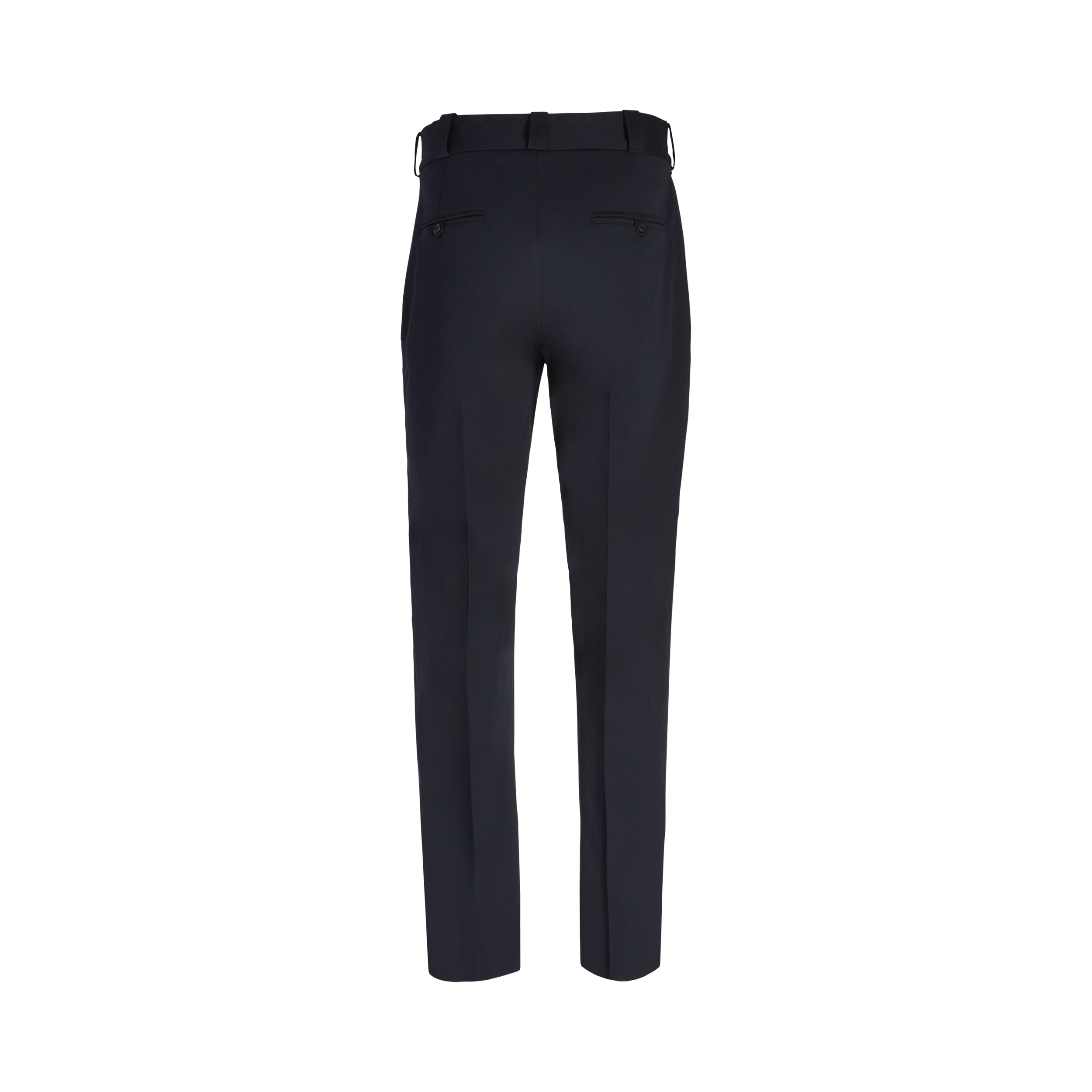 Product shot of dark navy trousers showing a back view with center crease and two buttoned pockets