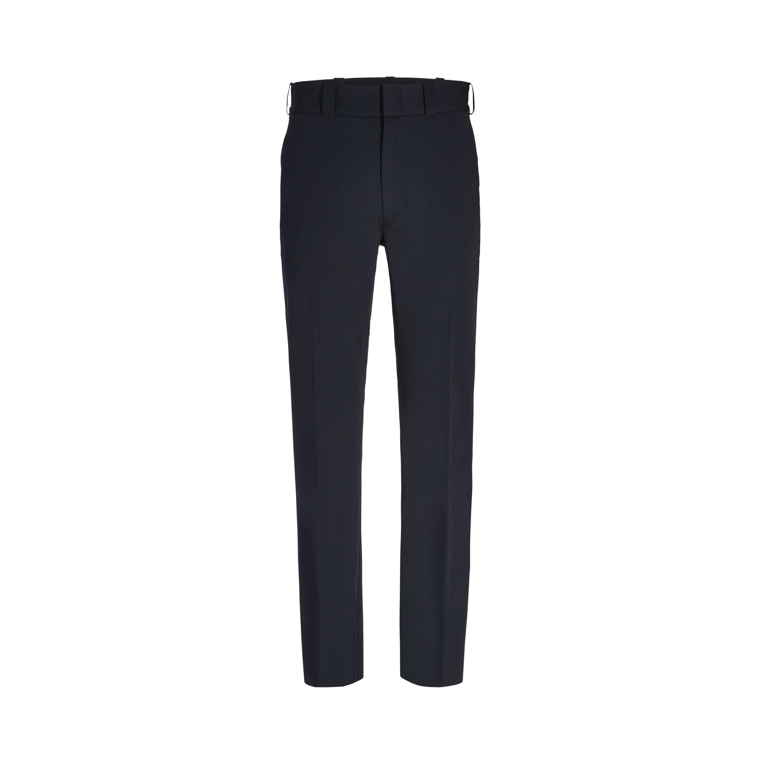 Product shot of dark navy tailored trousers showcasing a flat front, clean lines, and a subtle sheen