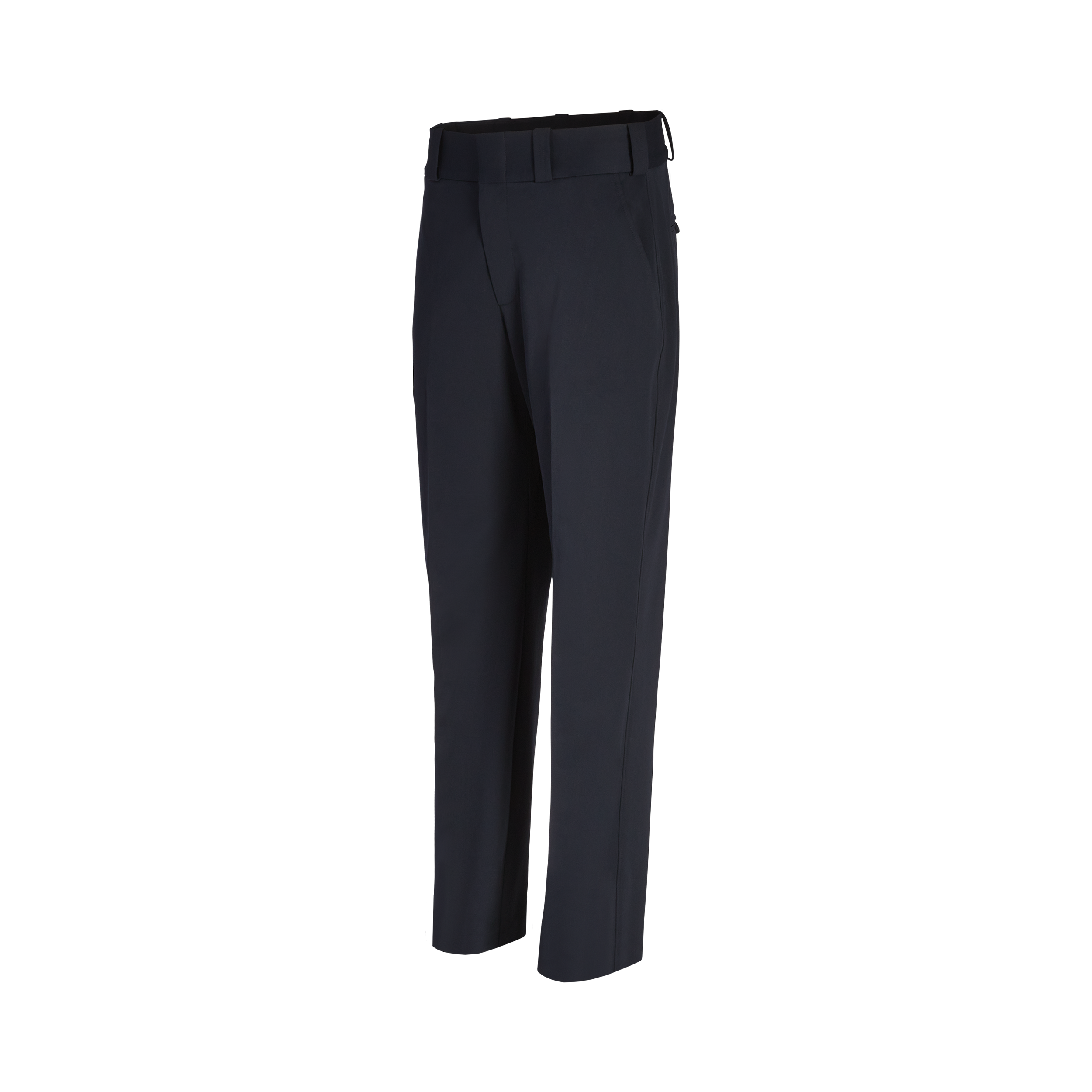 Product shot of dark navy trousers featuring a flat front a slightly tapered leg and a comfortable waistband