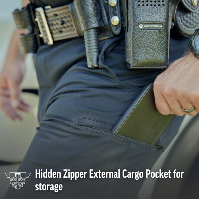 Photograph showing a close-up of a person's dark gray tactical pants with a hidden zipper pocket a Motorola radio and a black baton a sleek smartphone is partially visible in the pocket