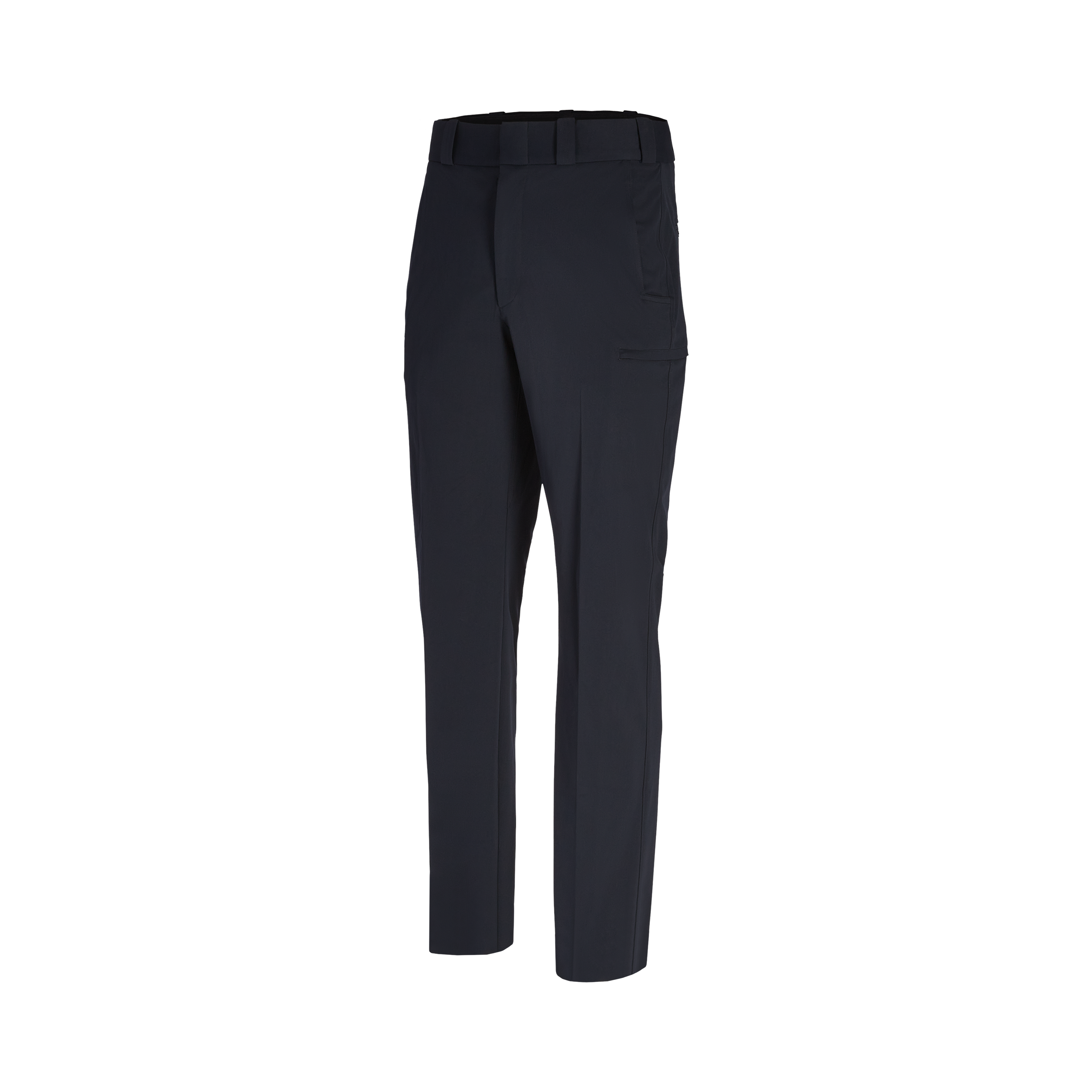 Product shot of dark-colored men's pants featuring a flat front, a zipper fly, and a side cargo pocket showcasing subtle texturing and a clean tailored silhouette