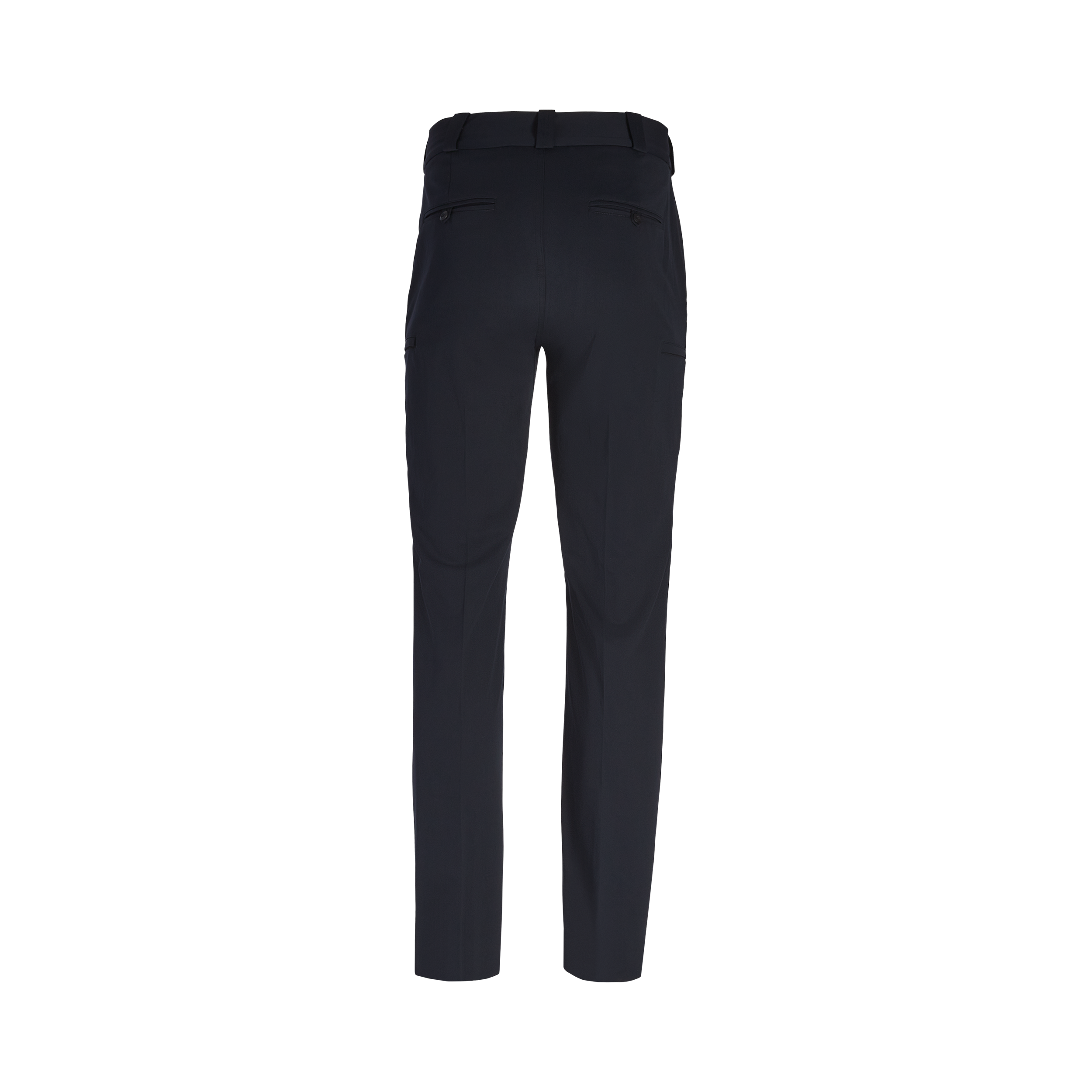 Product shot of dark navy women's trousers featuring a center back seam, two welt pockets, and a button closure showing subtle texture and sheen