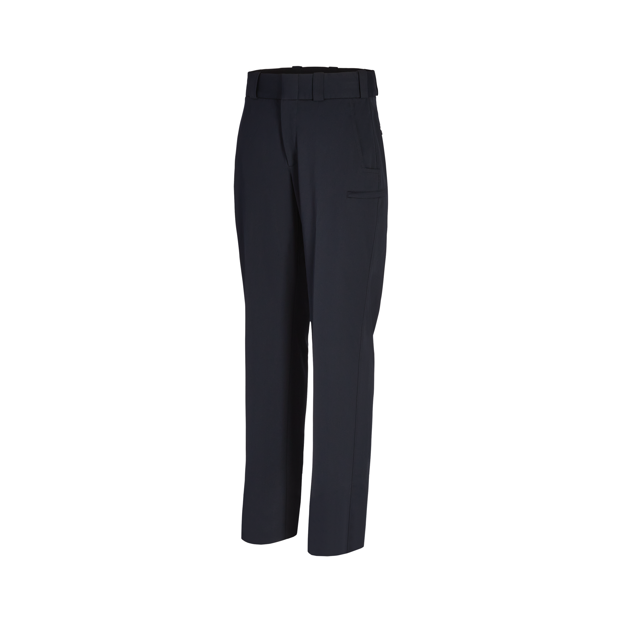 Product shot showing a pair of dark navy women's pants with a flat front and a hidden side pocket featuring a clean waistband and subtle stitching details