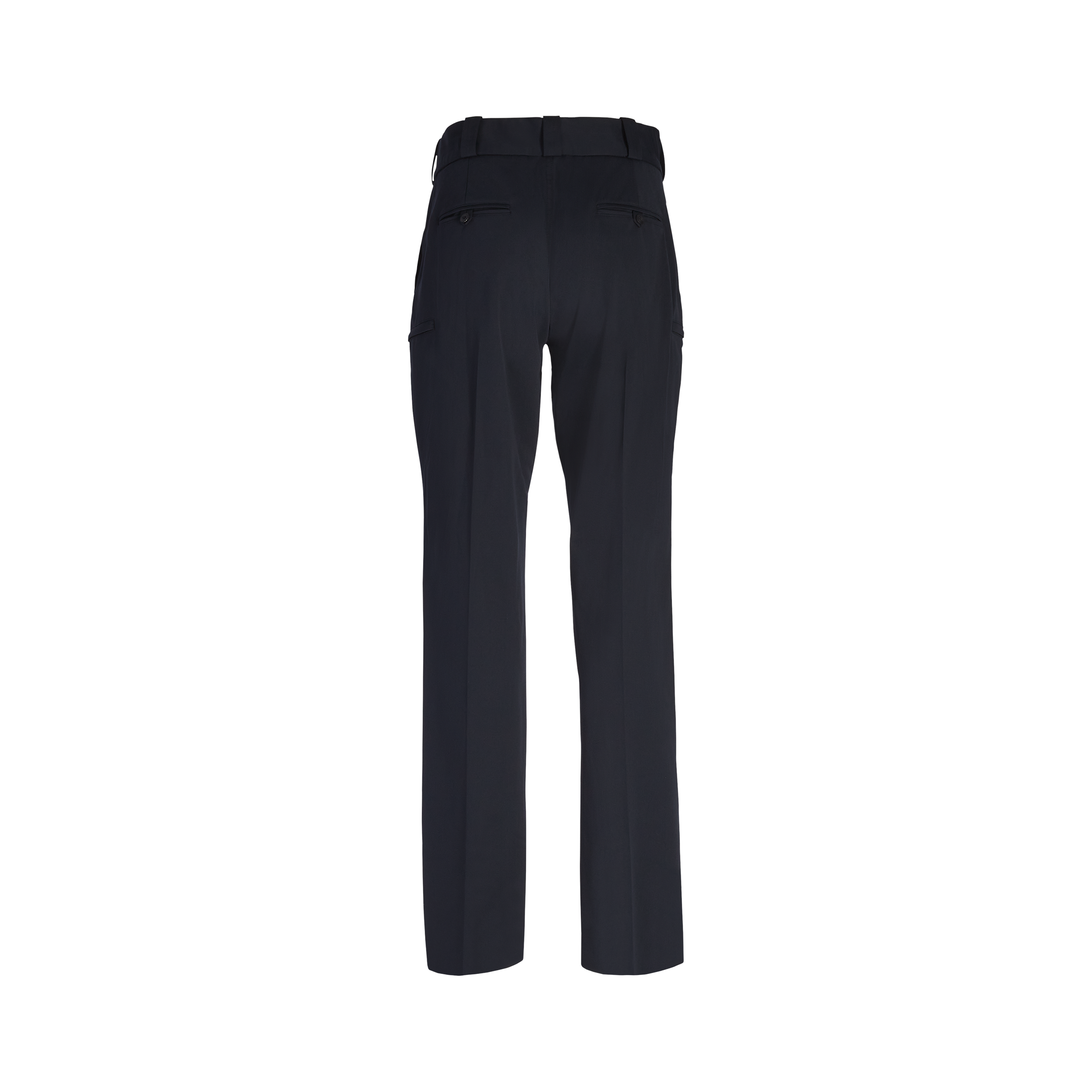 Product shot of navy blue women's trousers featuring a center crease, a flat front, and a button closure on the back