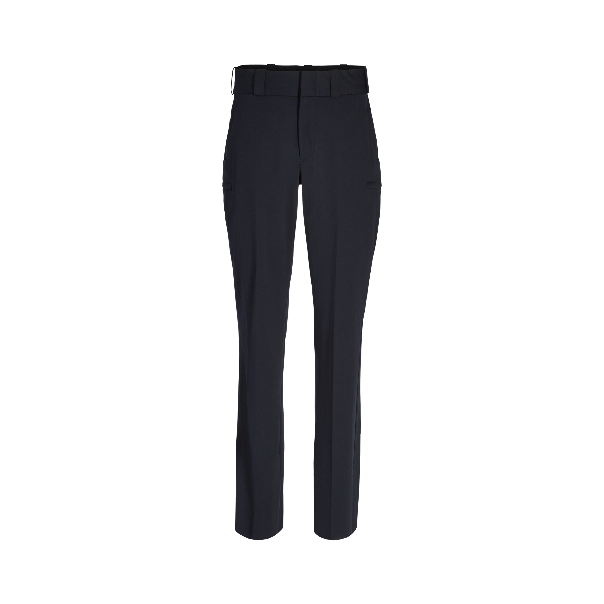 Product shot of dark navy women's trousers featuring a flat front, a waistband with belt loops, and subtle side pockets.
