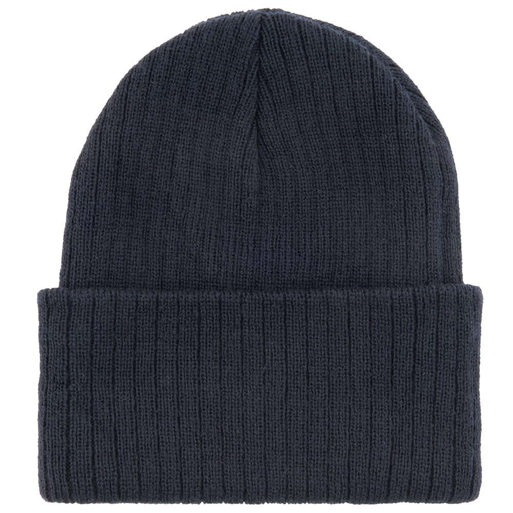 Knit wool beanie hat showing ribbed texture and deep black color