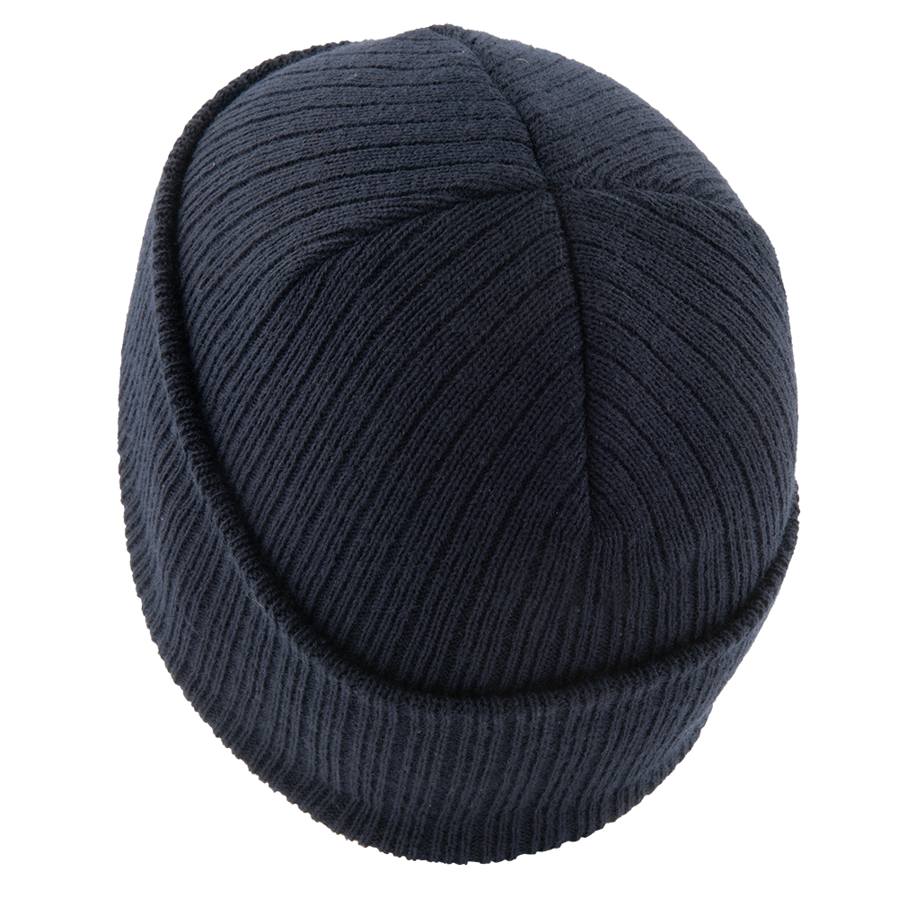 Knit beanie dark navy blue ribbed texture folded cuff close-up shot