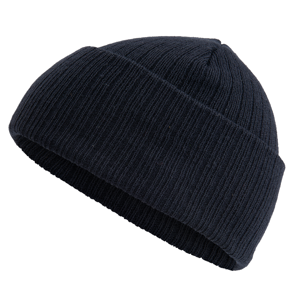 Knitted dark-navy blue beanie hat showing ribbed texture and a folded cuff