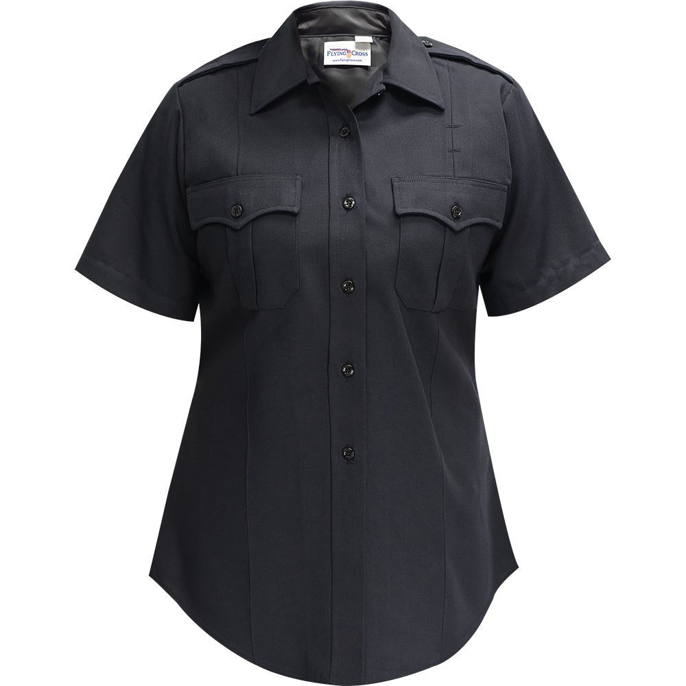 Flying Cross women's short sleeve dark navy blue uniform shirt featuring two breast pockets, a button-down front, and a tailored fit