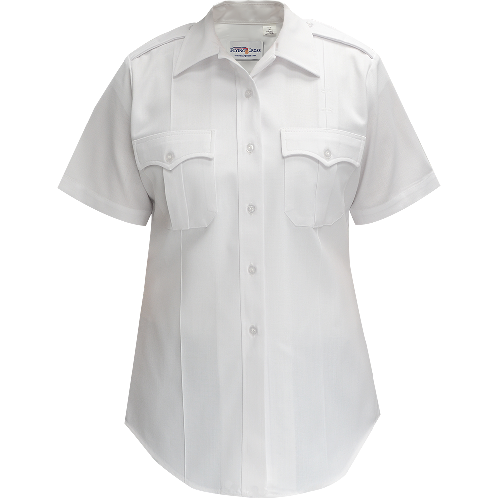 Product shot of a crisp white Flying Cross women's short sleeve uniform shirt featuring two breast pockets and pearly buttons against a plain background