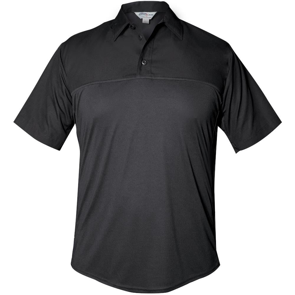 Product shot of a black First Tactical short sleeve polo shirt featuring a two-tone design and three-button placket showing subtle texture and a brand label