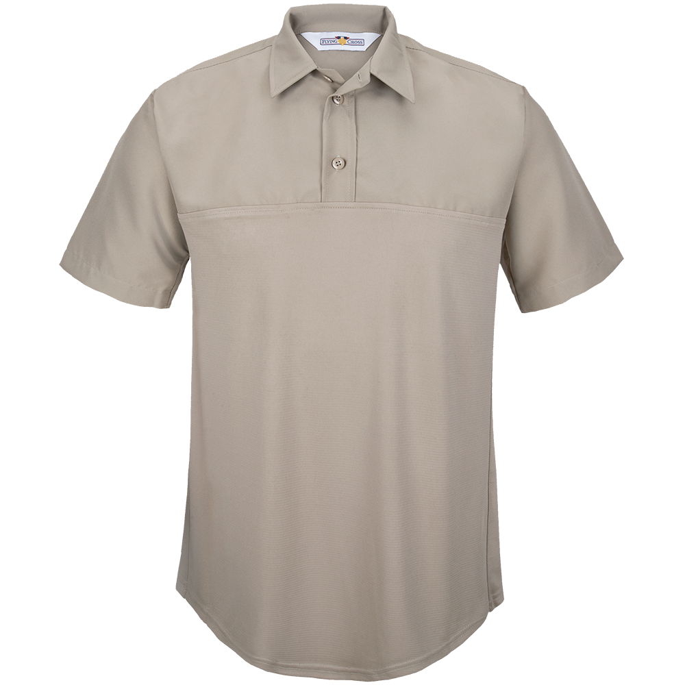 Flying Cross khaki short-sleeved polo shirt featuring a button placket and a subtle textured fabric showcasing a neutral tone and a branded label