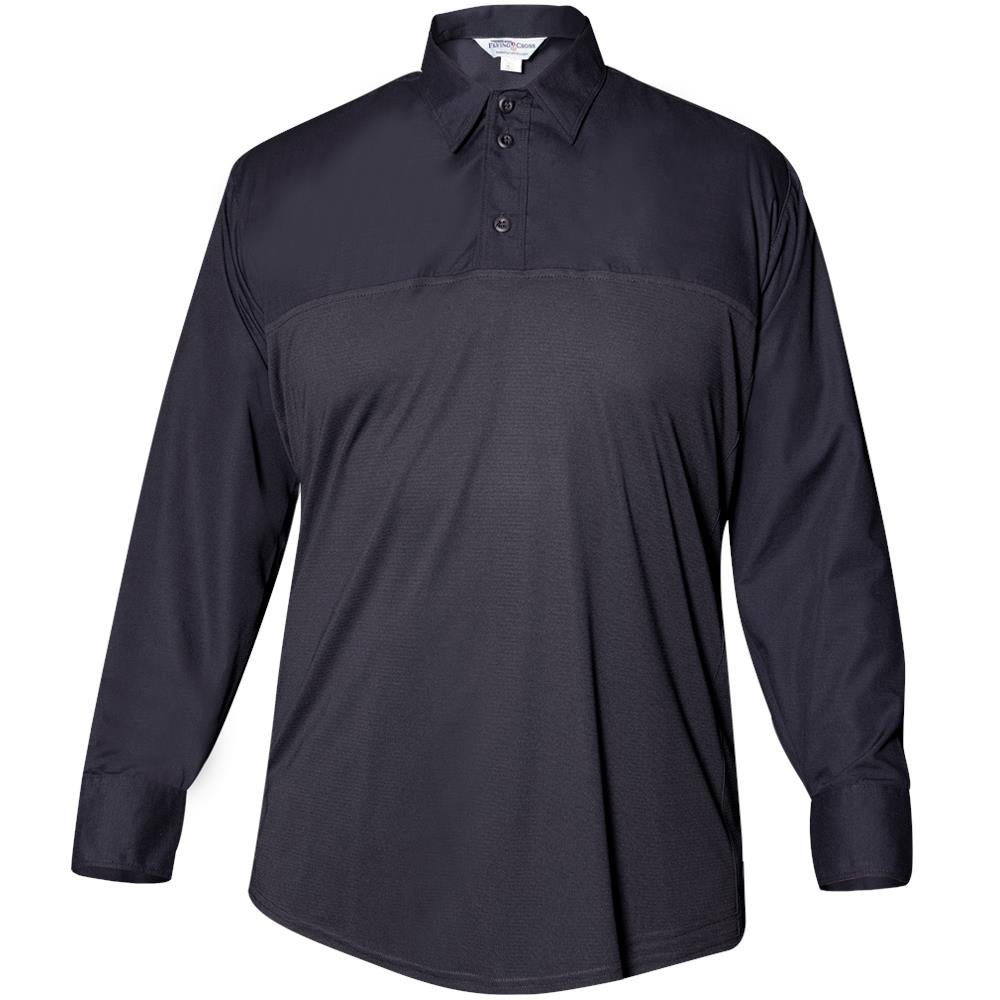 Product shot of a dark gray long sleeve collared shirt with a textured lower section and button placket against a white background