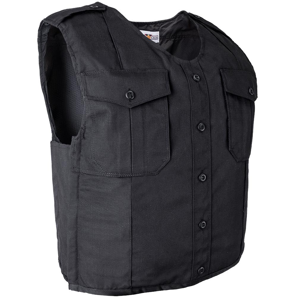 Product shot of a black, button-front CrossDraw ballistic vest featuring multiple pockets and a breathable mesh back panel