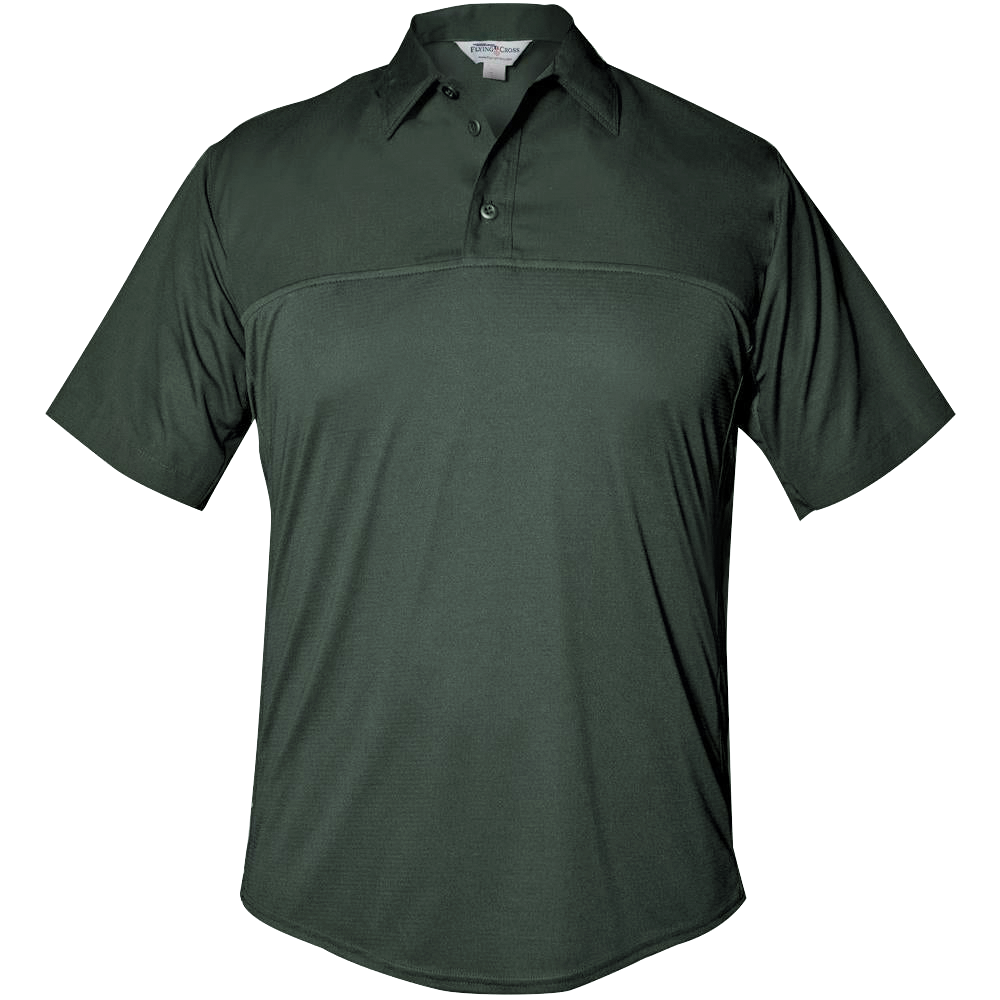 Product shot of a dark-green First Tactical short-sleeve polo shirt featuring a contrasting yoke and three-button placket showcasing its breathable fabric and comfortable fit