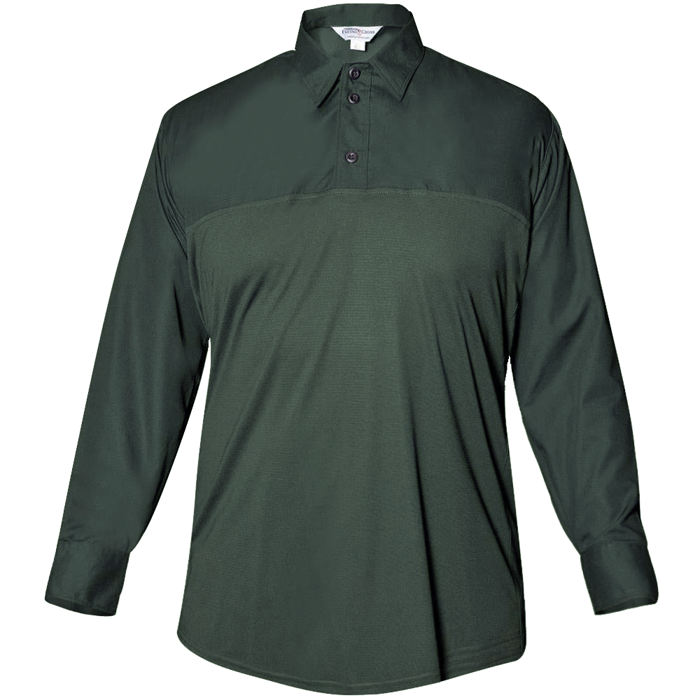 Product shot of a dark green, long-sleeved 5.11 Tactical polo shirt featuring a button-down collar and contrasting textured fabric panels.