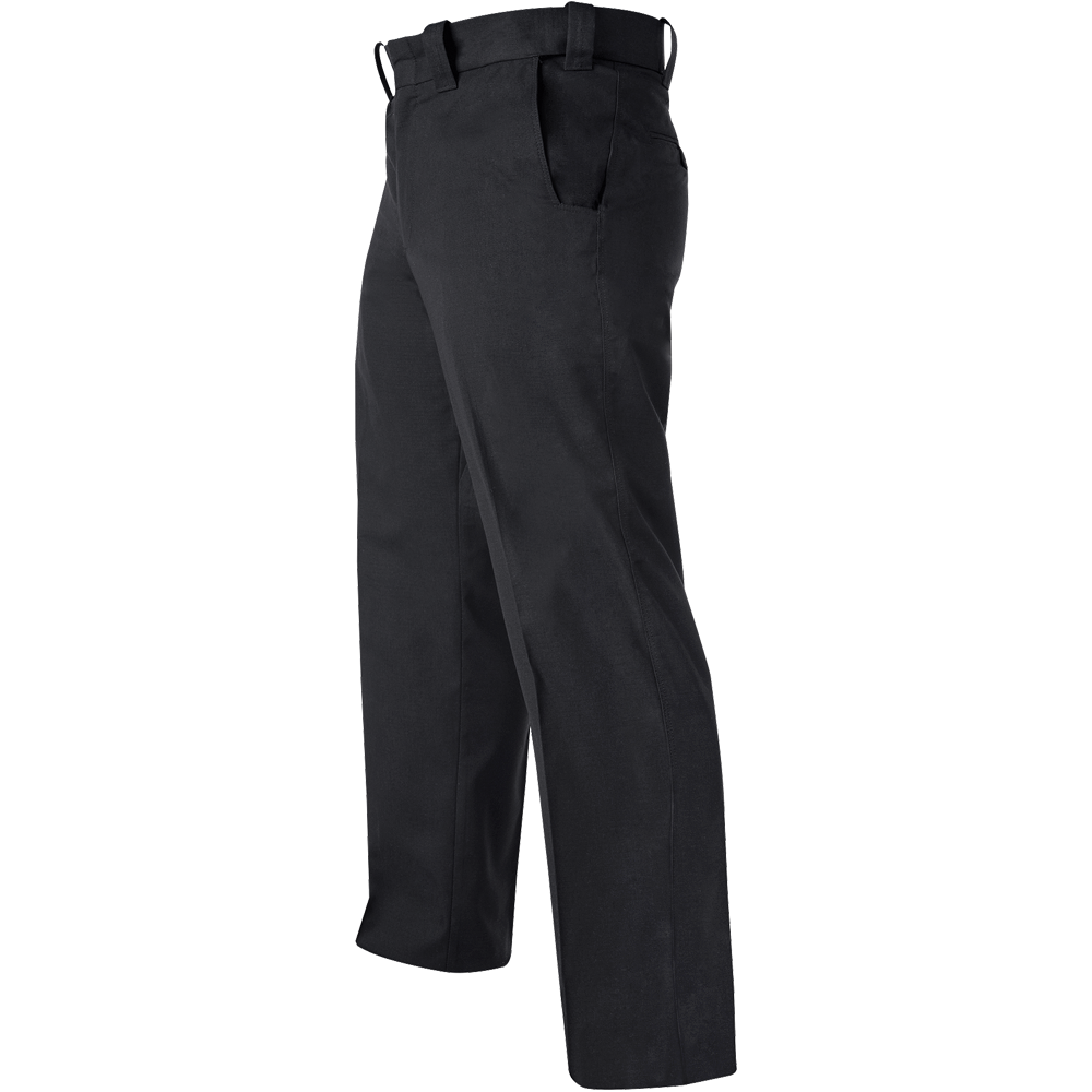 Product shot of black pants showing a side profile with a visible front pocket and a flat front showing subtle texture and clean lines