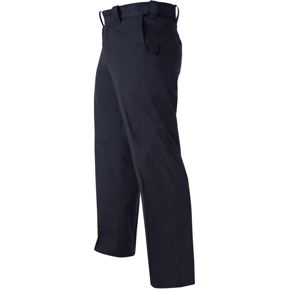 Product shot of navy blue pants showing a side profile with a visible front pocket and creased fabric