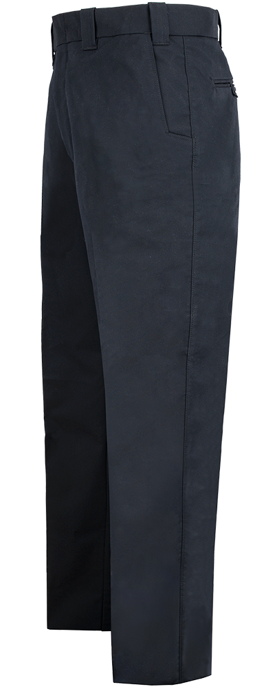 Product shot of dark-colored pants showing a zippered pocket, clean stitching, and a flat front design