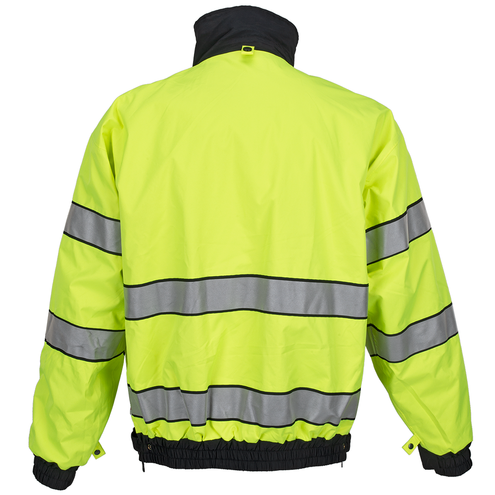 Product shot of a bright neon yellow safety jacket with reflective silver stripes and a black drawstring waist showcasing its features