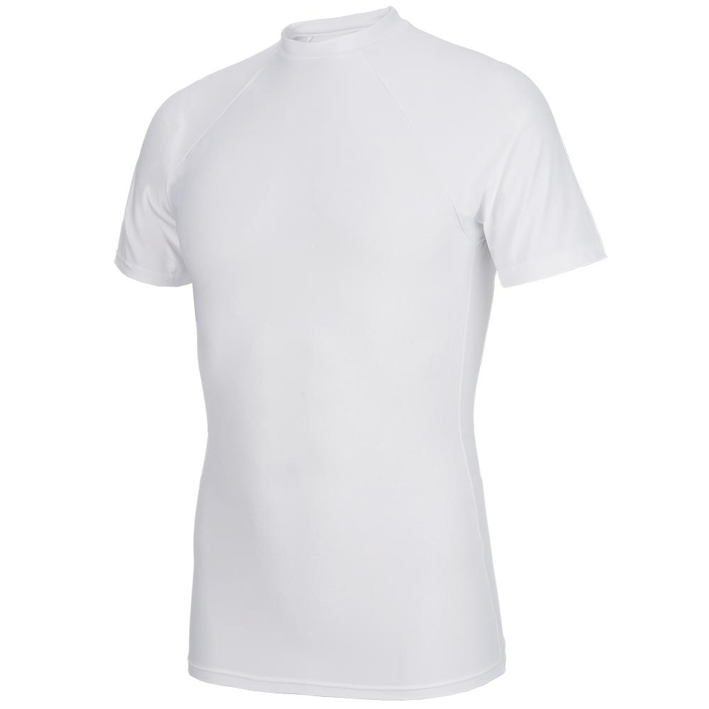 Product shot of a plain white short-sleeved athletic shirt with raglan sleeves and a fitted silhouette