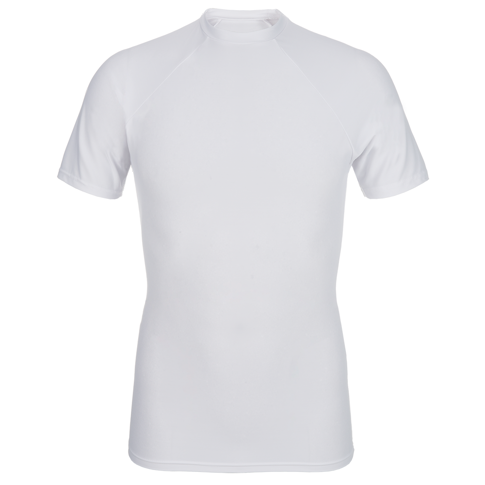 Product shot of a white, short-sleeved mock neck athletic shirt featuring a form-fitting design and raglan sleeves with subtle texture