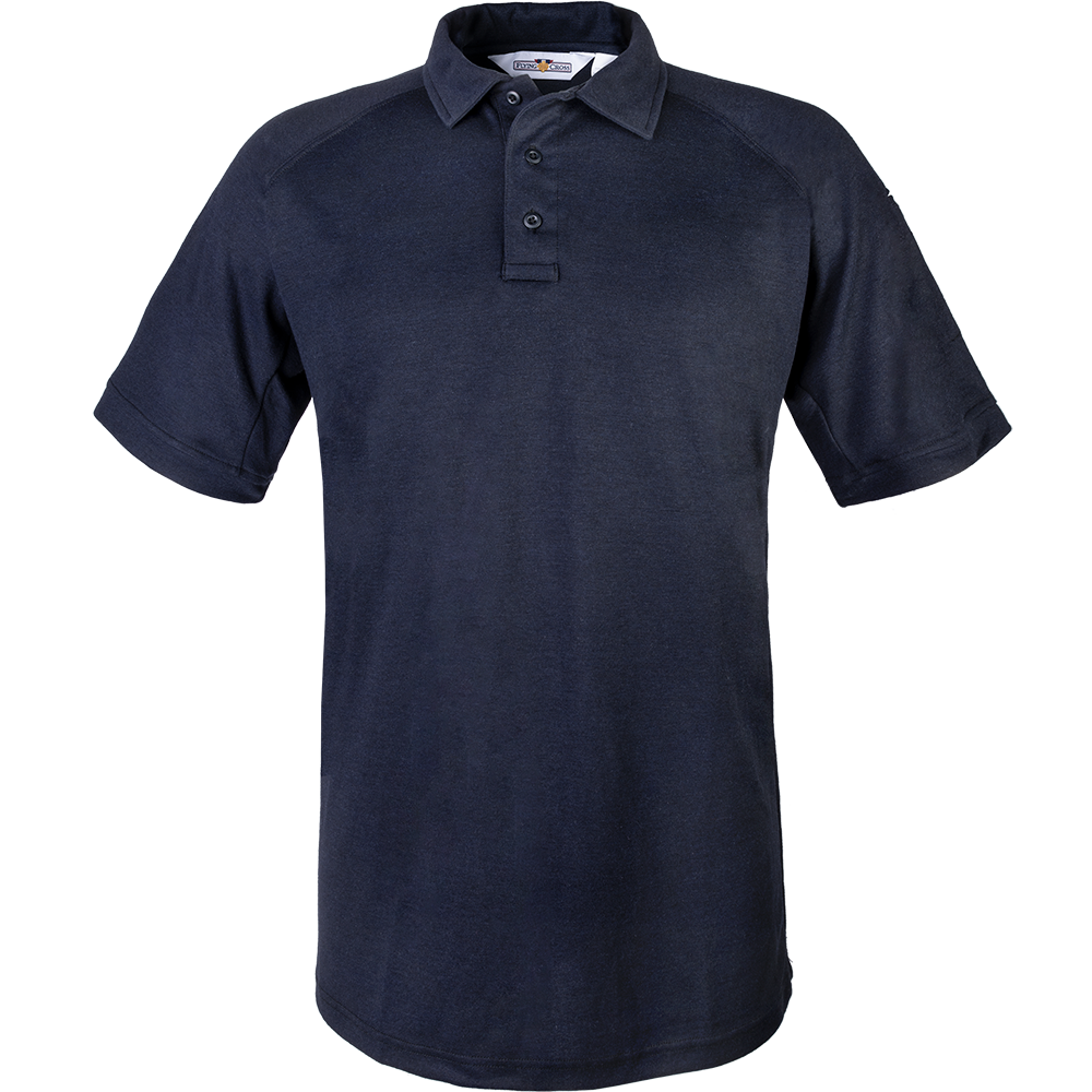 Product shot of a dark-navy 5.11 Tactical polo shirt featuring a three-button placket and short sleeves against a plain white background