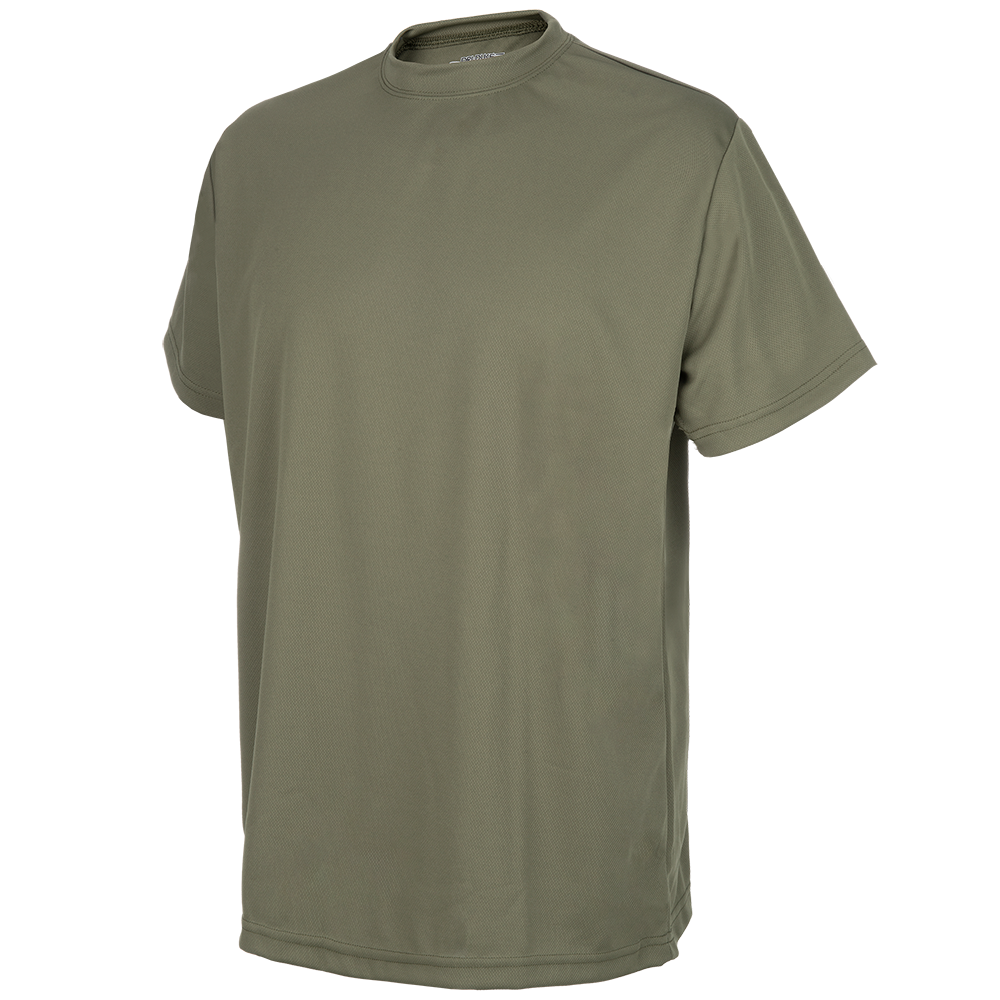 Product shot of a men's olive green short-sleeved t-shirt showing a slightly textured fabric and a crew neck design