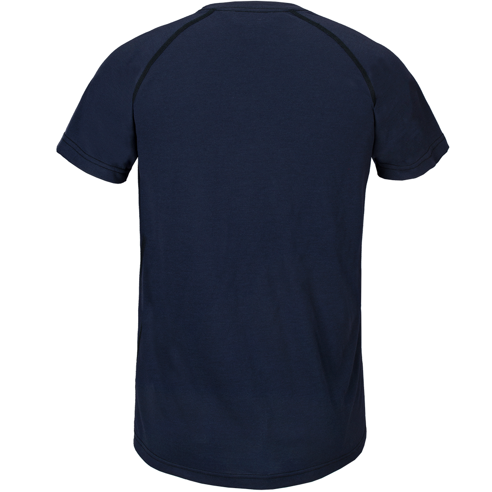 Product shot of a navy blue short-sleeved raglan t-shirt on a mannequin showing the back detail of the garment with contrasting black stitching and a soft cotton texture