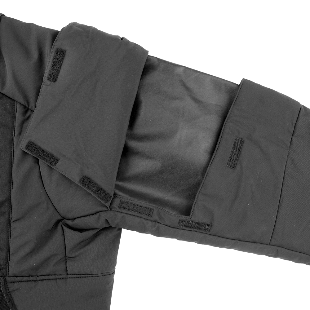 Product shot showing black jacket sleeve detail with velcro closures and quilted padding featuring a shiny inner lining