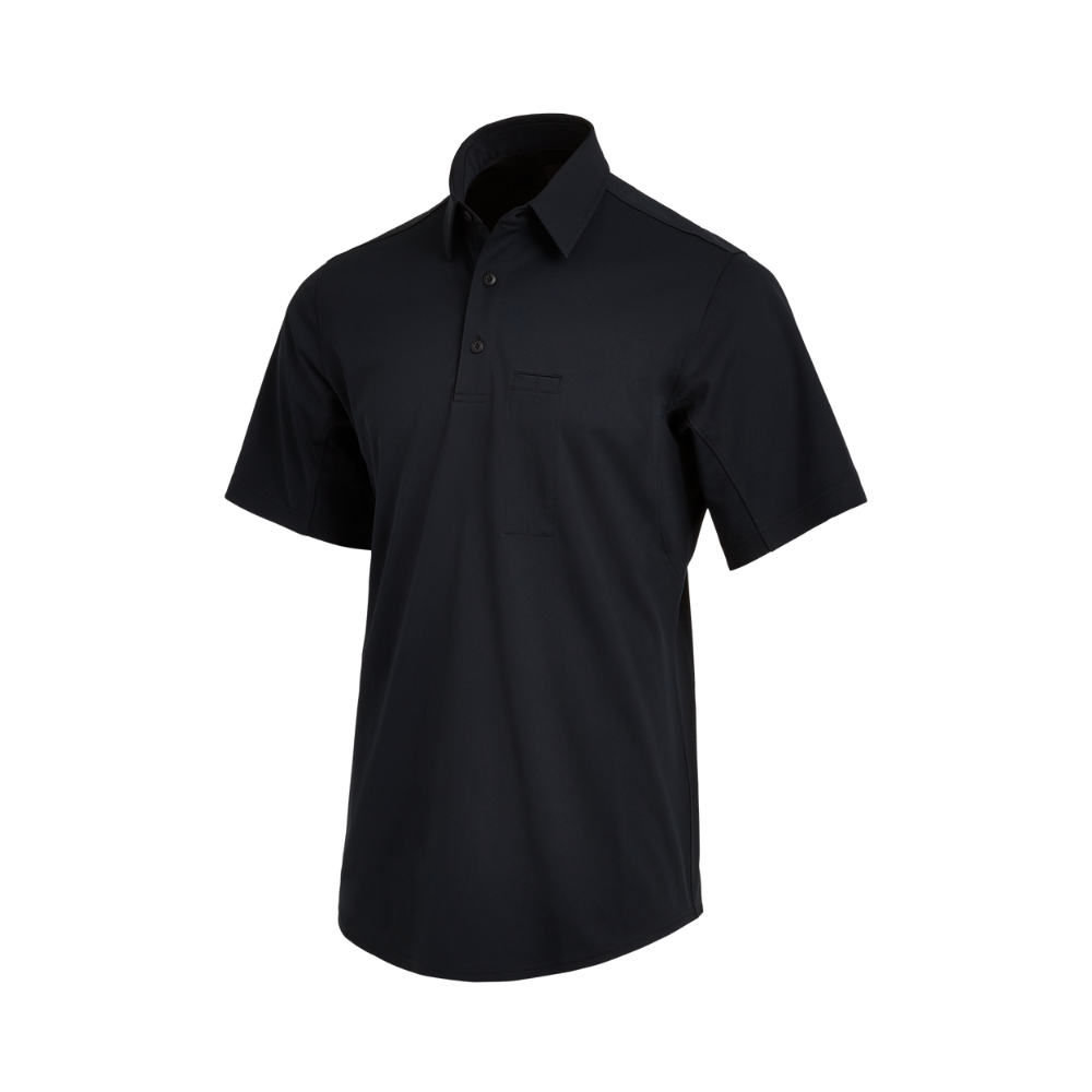 Product shot of a dark navy blue short-sleeved polo shirt featuring a small chest pocket and three button placket showcasing its smooth texture and tailored fit