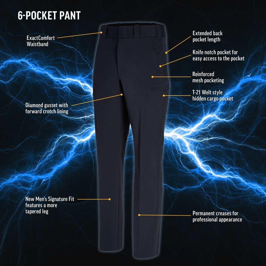 Product shot of men's 6-pocket pants featuring an ExactComfort waistband, diamond gusset, and reinforced mesh pockets against a blue electric background.