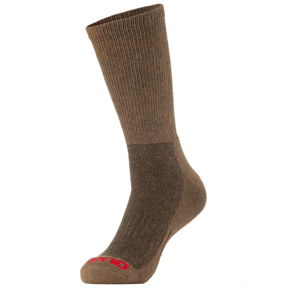 Product shot of a Darn Tough Vermont men's merino wool crew sock featuring a brown and taupe variegated pattern a red logo and a cushioned sole.