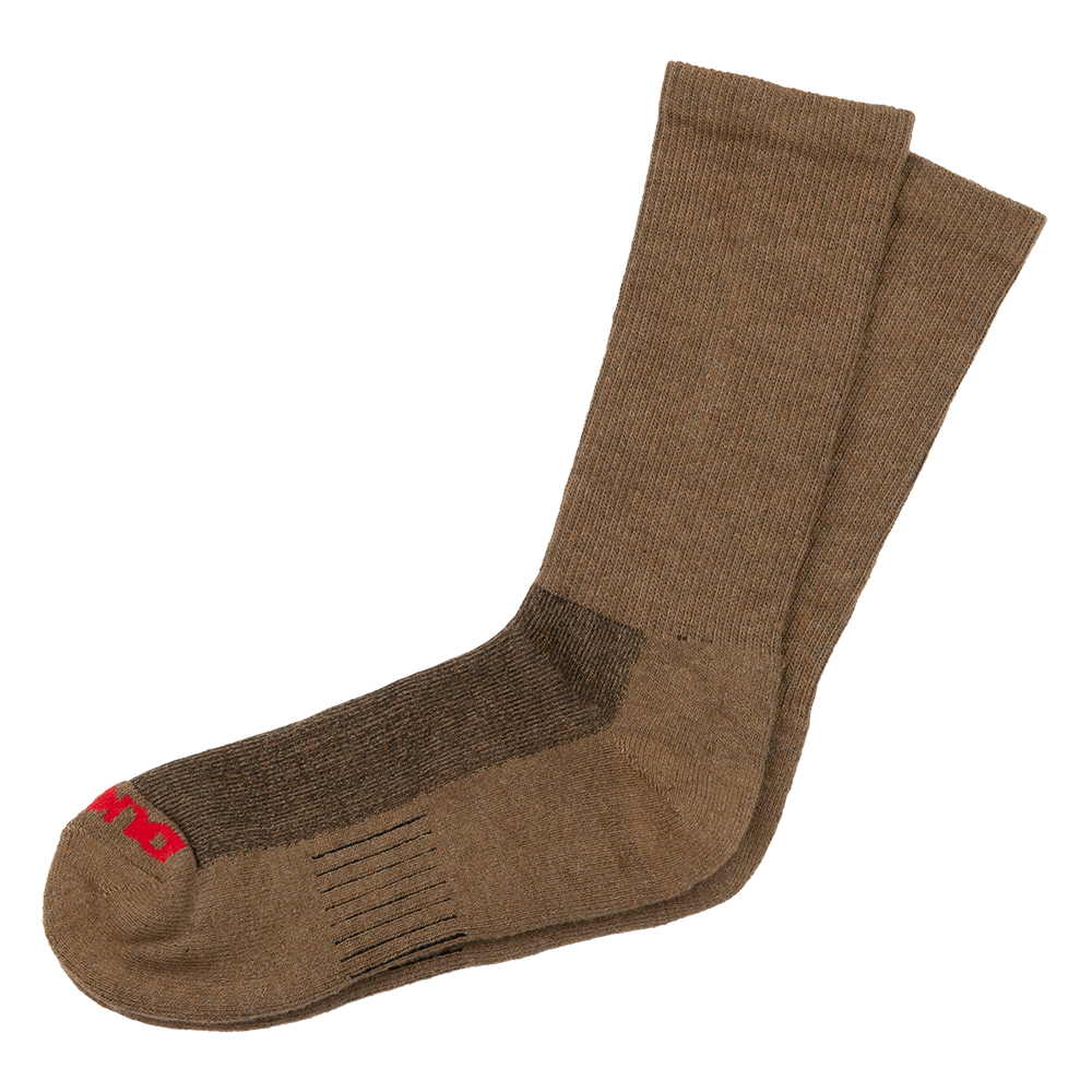 Product photography of a pair of tan Darn Tough merino wool crew socks featuring a dark brown heel and toe a red logo and subtle ventilation stripes