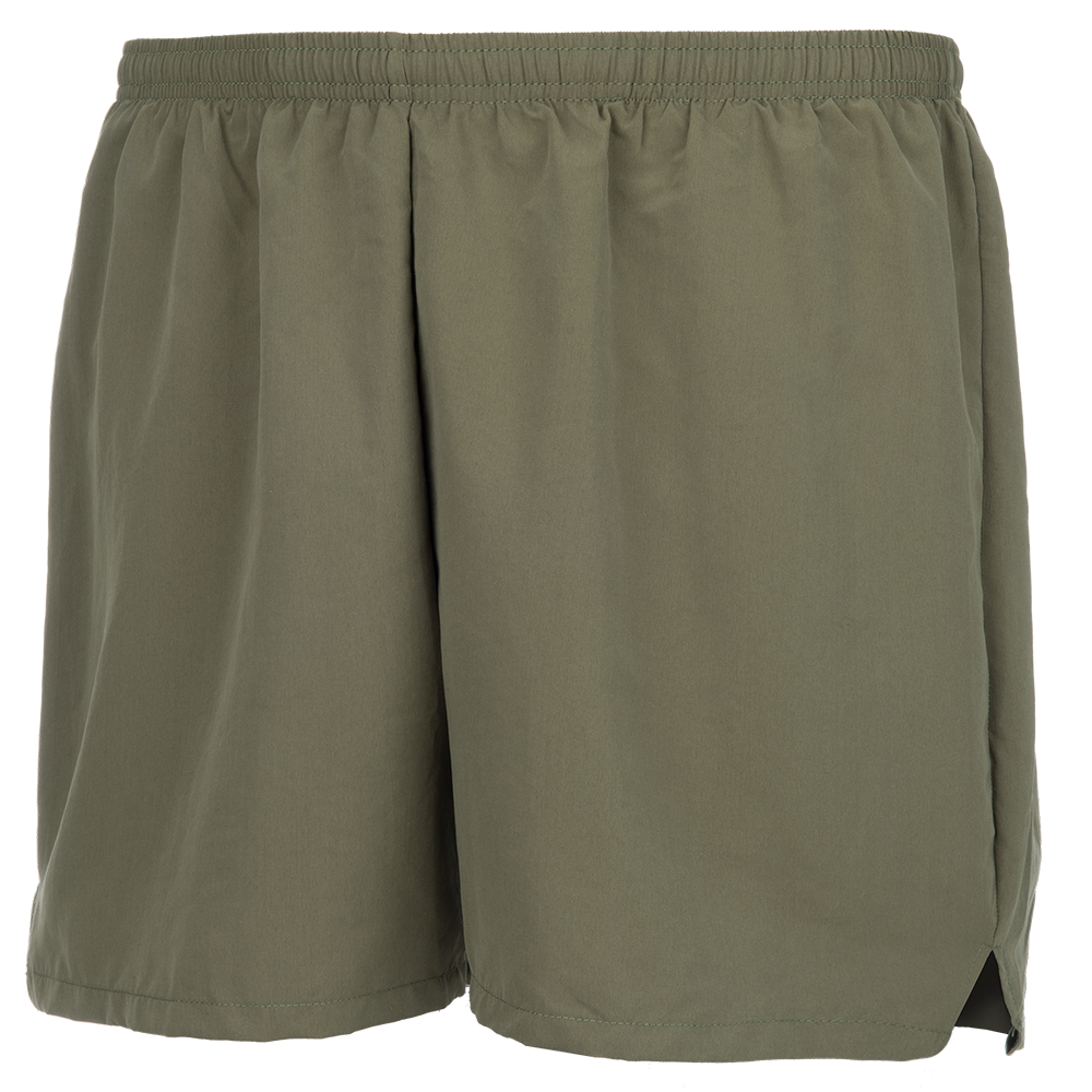 Product shot of olive green athletic shorts showing an elastic waistband and side vents