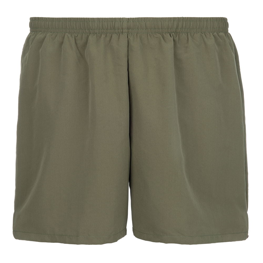 Product shot of olive green athletic shorts featuring an elastic waistband and a simple design